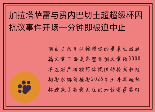 加拉塔萨雷与费内巴切土超超级杯因抗议事件开场一分钟即被迫中止 加拉塔萨雷与费内巴切土超超级杯因抗议事件开场一分钟即被迫中止